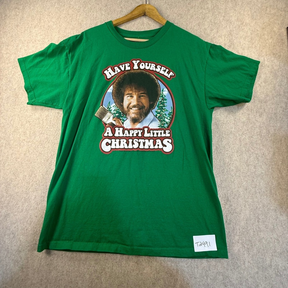 Bob Ross Happy Little Christmas Green Graphic T-Shirt Mens Large Holiday Tee